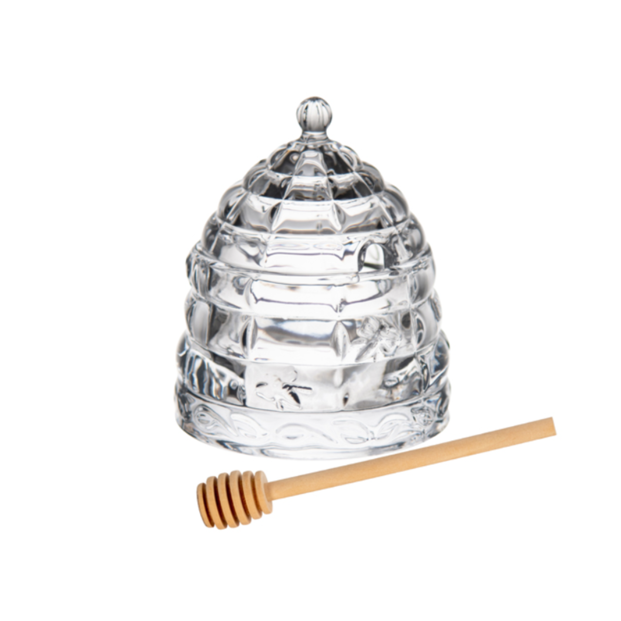 Elegant Clear Glass Beehive Honey Jar with Wooden Dipper